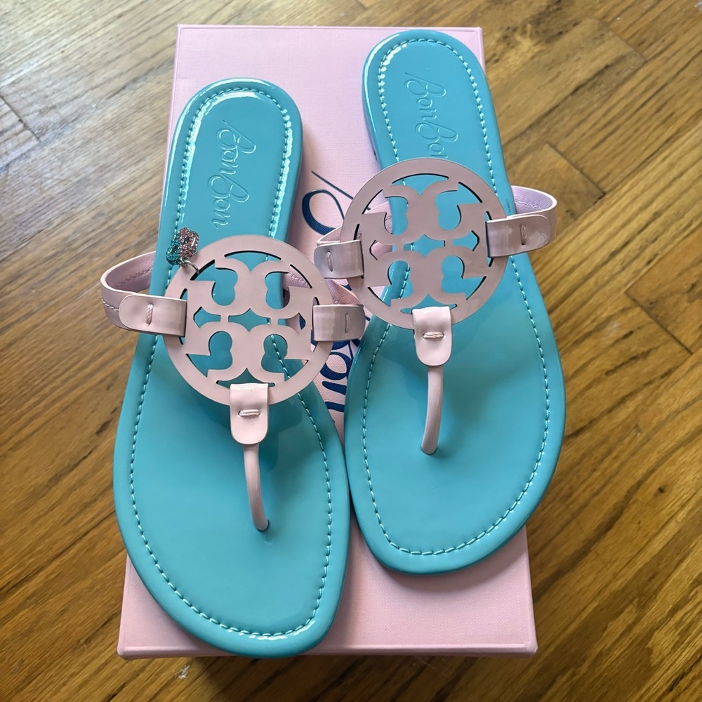 Tory Burch x BonBon Miller Patent Leather Pink and Blue Sandals Cotton Candy 10 - Picture 3 of 14